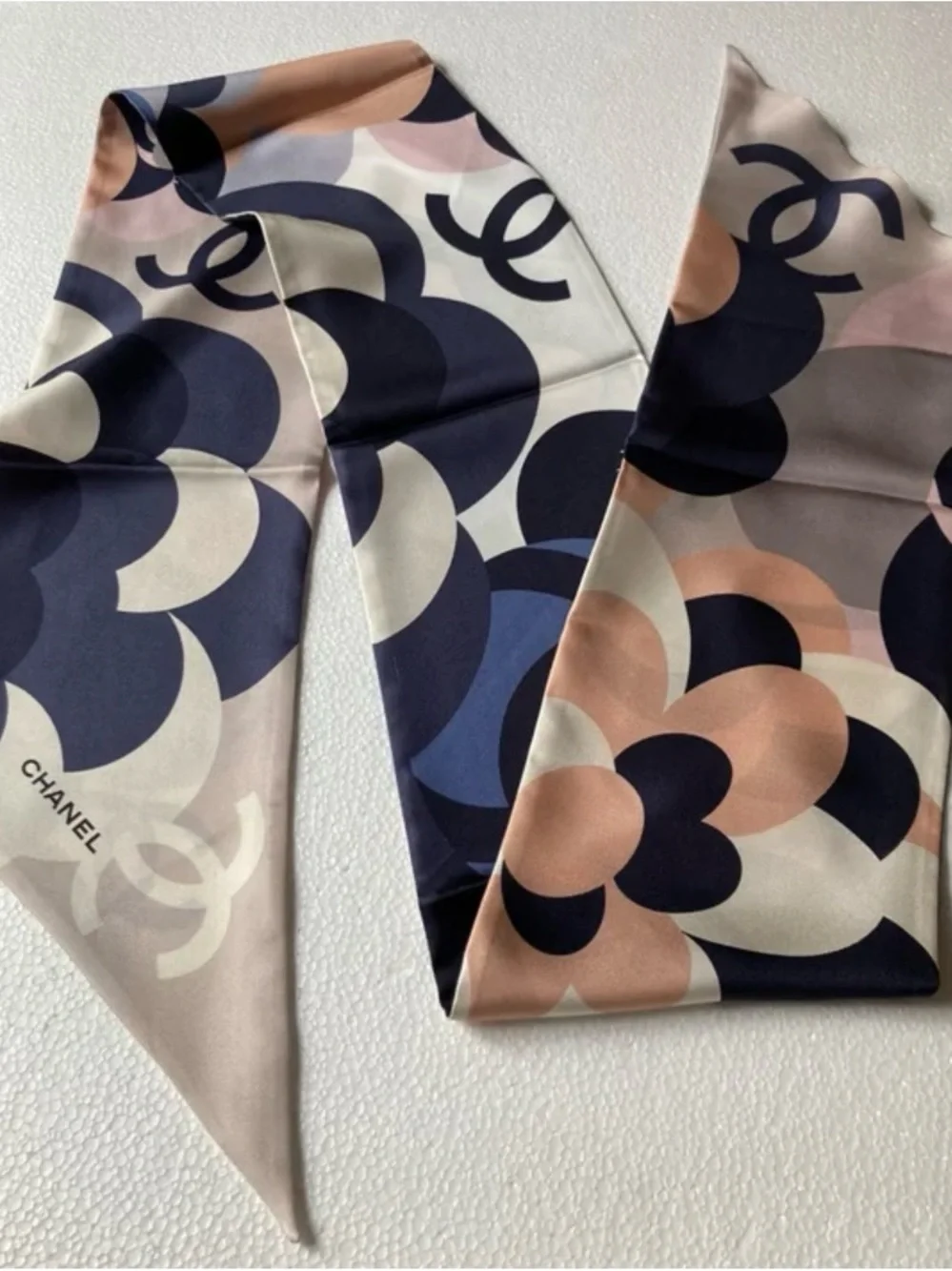 CHANEL Navy, Pink & Cream CC Motif Silk Scarf